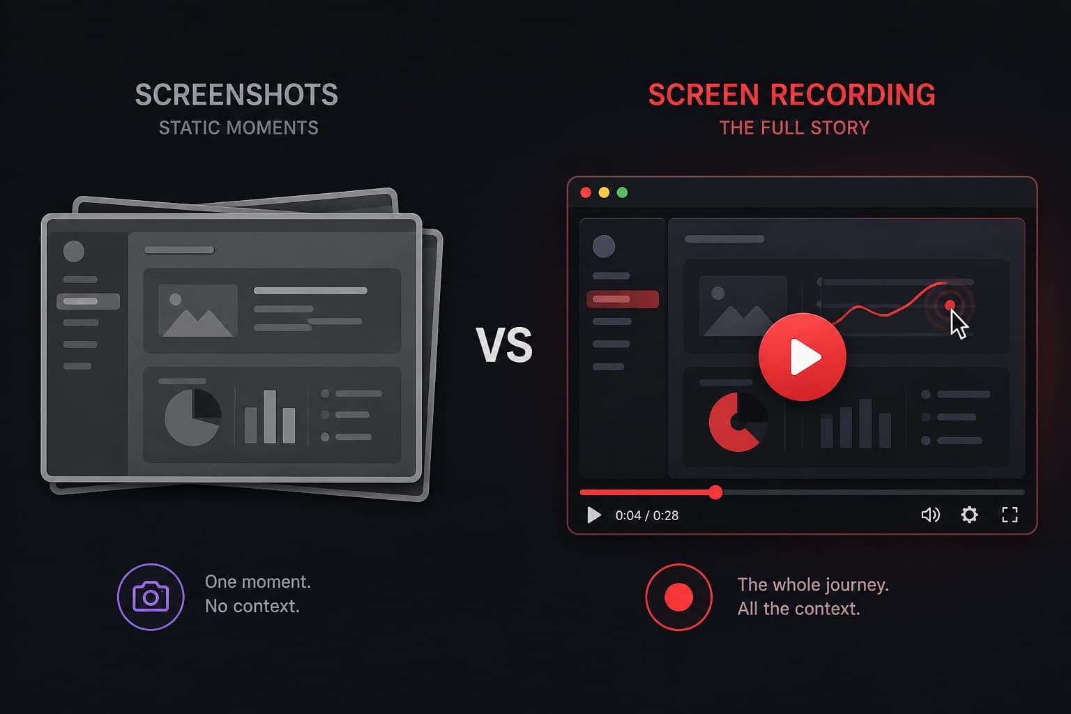 Still screenshot frames on one side and a video player with a timeline on the other